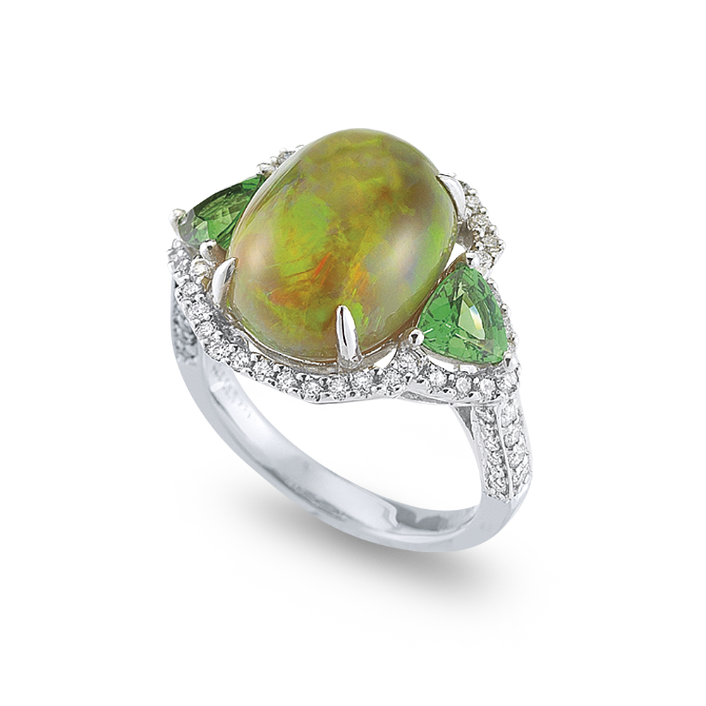 18K White Gold Opal, Tsavorite Diamond Ring 18K White Gold Opal, Tsavorite Diamond Ring